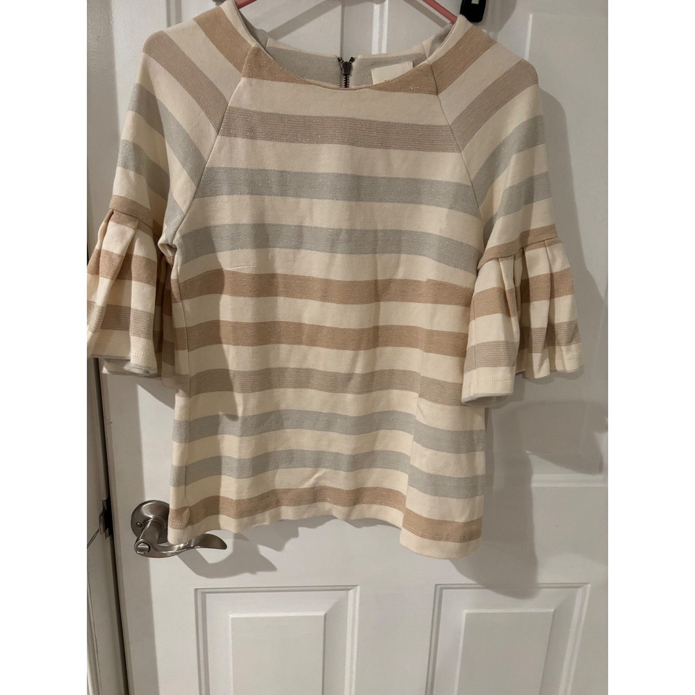 Maeve Anthropologie Striped Bell Sleeve Top Small Gold‎ Tan Cream Blouse